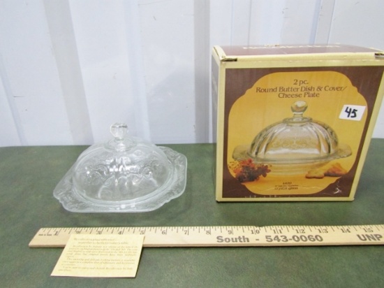 Vtg N I B Recollection Round Etched Crystal Glass Butter Dish W/ Dome