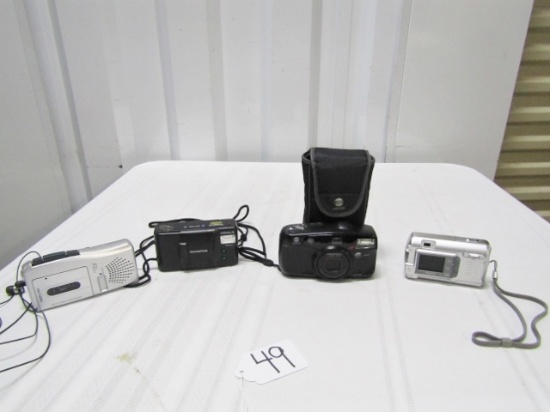 3 Good Cameras And A Memorex Microcassette Recorder W/ Earphone