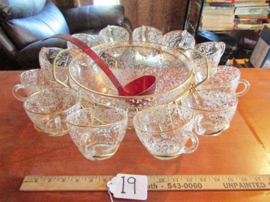 Vtg Punch Bowl Set W/ White And Blue Specks And Plastic Ladle