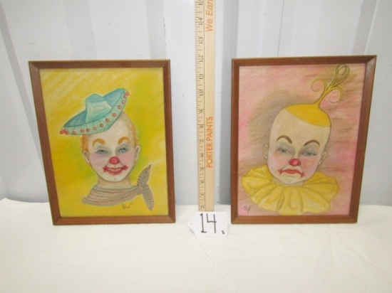 2 Vtg Colored Pencil Drawings Of Happy And Sad Clowns