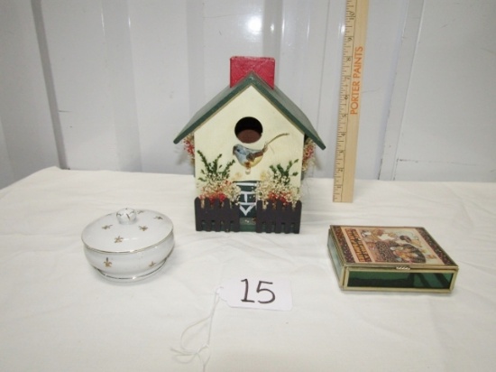 Vtg Porcelain Trinket Box, Mirrored Brass Trinket Box & A Bird House Tissue Holder
