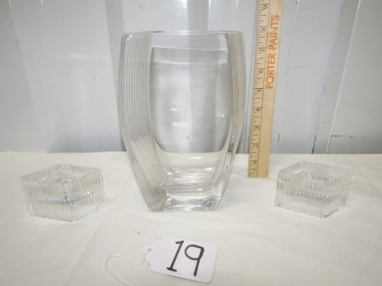 Beautiful Heavy 24% Lead Crystal Glass Vase W/ Matching Candle Holders