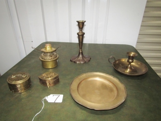 Vtg Solid Brass Lot: Candleholders, Potpourri Boxes, Bowl And Old Lantern