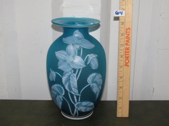 Vtg 1984 Fenton Azure Blue Satin Art Glass Vase