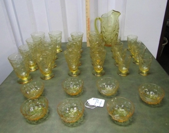 Vtg Blown Crystal Dimpled Amber Crystal Glass Set