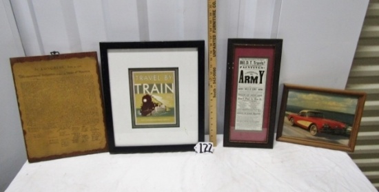 Lot Of 4 Vtg Wall Hangings: Declaration Of Independence; Train Ad;