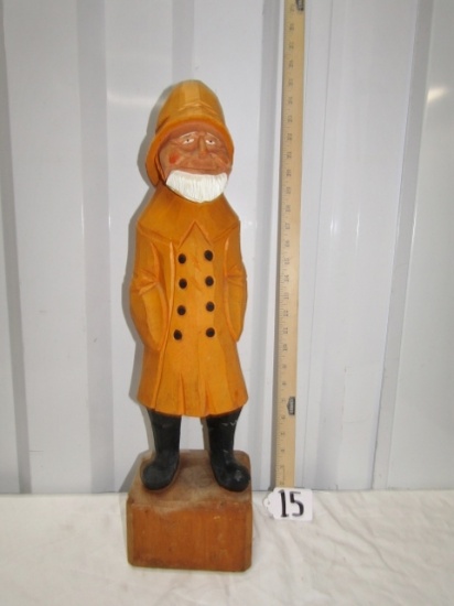 Large Hand Carved Wood Sailor In Raincoat