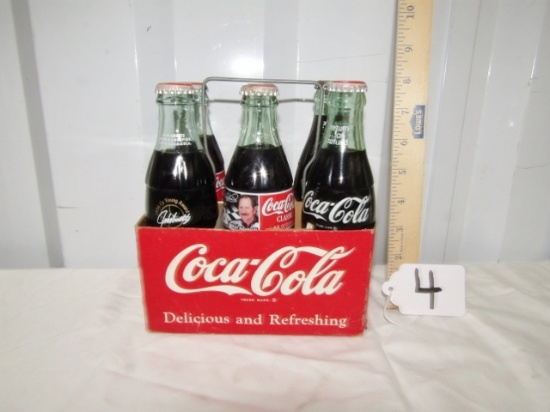 Vtg Paper W/ Metal Handle Coca Cola Crate W/ Six 6 1/2 Ounce Cokes