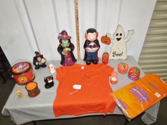 Halloween Lot: Figures, Candles, Signs, T Shirt, Tablecloth, Etc