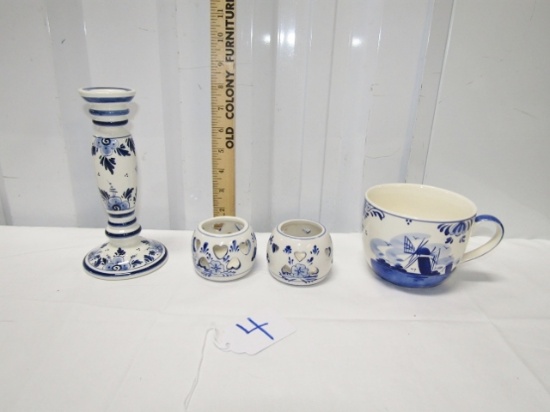 Holland Delft Blue Pottery: Candle Holder, 2 Votive Holders And A Large Cup