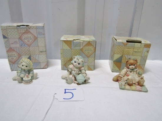 3 Enesco Calico Kittens Figurines W/ Boxes