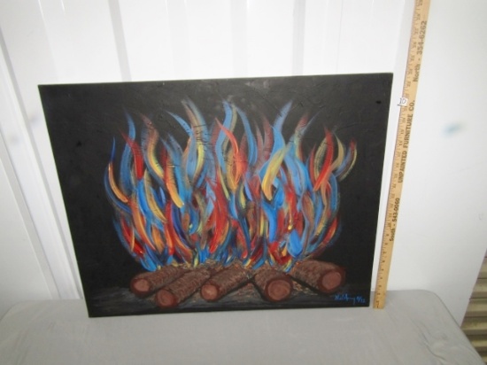 Signed Oil On Canvas Of Logs In Full Blaze