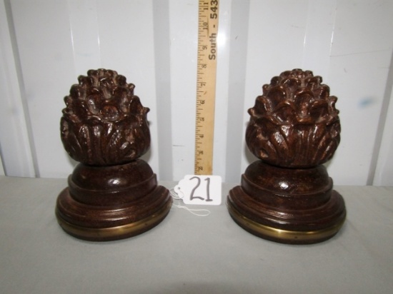 Vtg Wood And Brass Acorn Finial Bookends