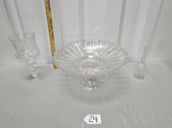 Crystal Lot: 14" Compote, 2 Piece Candle Holder And Crystal Bell