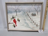 Oil On Canvas Of Cardinal In Snow Signed Ann