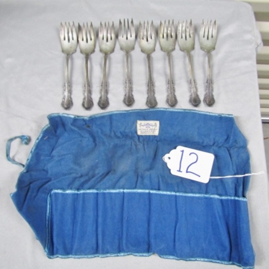 8 Vtg Sterling Silver Reed And Barton Salad Forks W/ Silver Pouch
