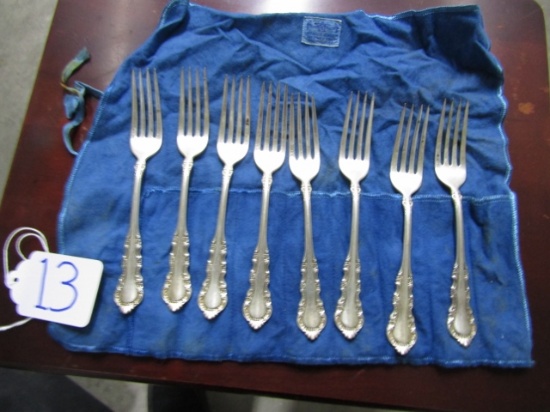 8 Vtg Sterling Silver Reed And Barton Dinner Forks W/ Silver Pouch