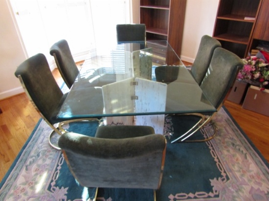 Contemporary Furniture Co. Glass Top Table W/ Marble Base And 6 Chairs LOCAL PICK UP ONLY