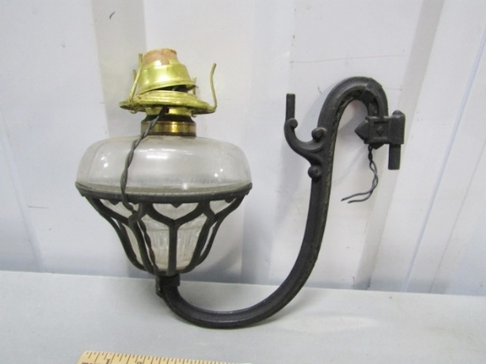 Vtg Oil Wall Lantern W/ Cast Iron Flange Arm Holder Converted To