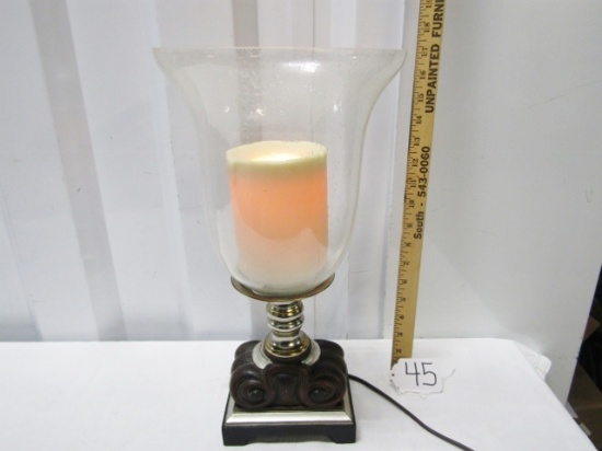 Large Glass, Metal And Wood Electric Pillar Candle Lamp