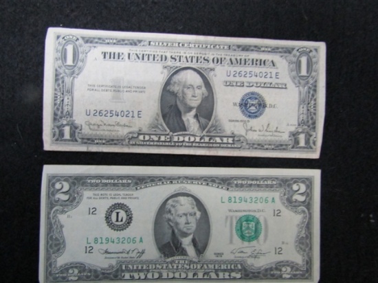 1935 - D Silver Certificate 1 Dollar Note And A 1976 2 Dollar Note