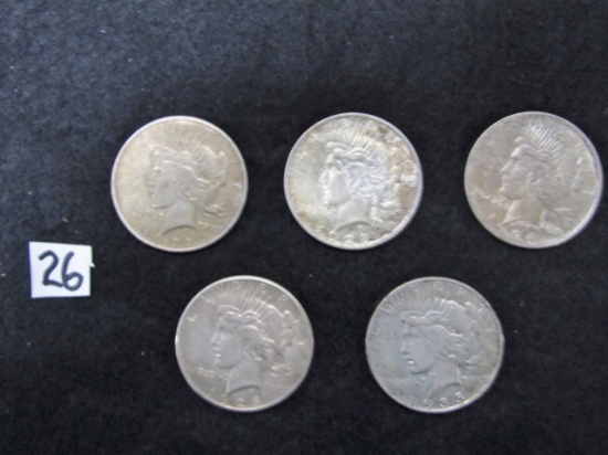 Lot Of 5 Peace Silver Dollars: 1922, 23, 24, 26 And 35