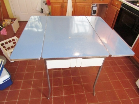 Vtg Metal Kitchen Utility Table W/ Double Pull Out Leaves And A Drawer