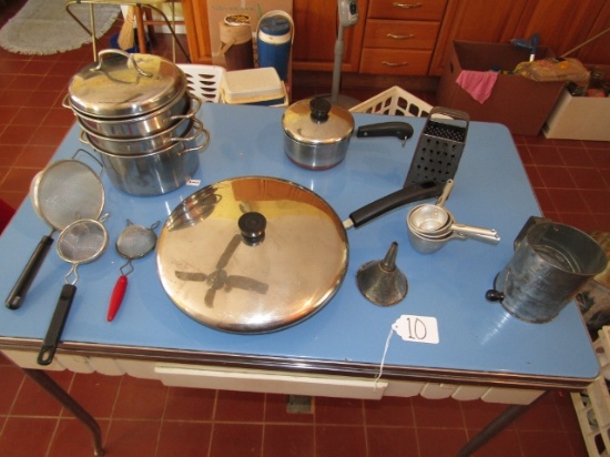 Very Nice Kitchen Lot: Double Boiler, Large Pan, Pot, Sifters, Etc