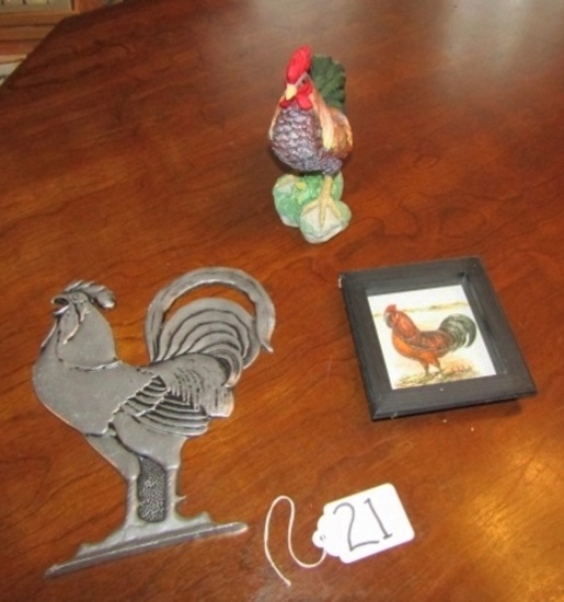 Chickens And Roosters Lot: Small Picture, Metal Wall Hanging And Figure