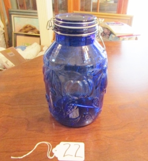 Large Blue Glass Canister W/ Clamp Lid And Embossed Designs