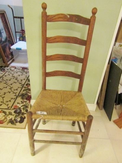 Antique Solid Oak Wood Ladderback Chair W/ Brush Seats ( Local Pick Up Only )