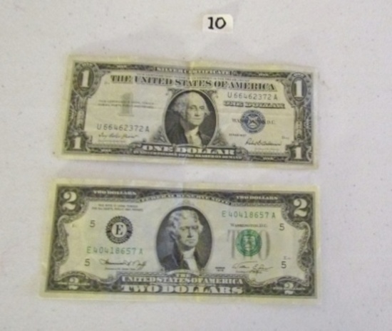 1957 Blue Seal 1 Dollar Silver Certificate And A 1976 2 Dollar Bill