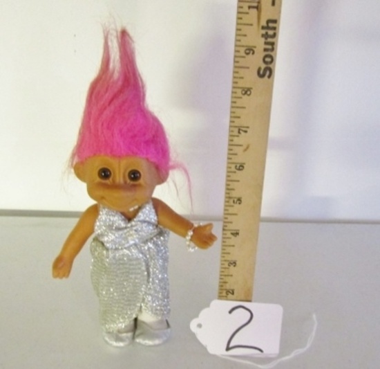 Vtg Troll Doll In Sequinned Dress W/ Pearl Necklace And Bracelet