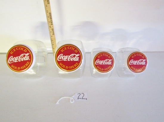 4 Glass Coca Cola Old Country Store Cookie And Candy Canisters