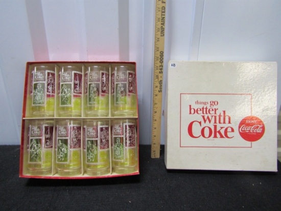 Vtg 1962 Set Of 8 Coca Cola Multi Colored Sports Themed Glasses W/ Box