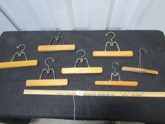 Lot Of 7 Vtg Wood With Metal Top Pants / Skirt Hangers