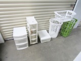 Plastic Storage Drawers W/ Contents And Various Laundry Baskets (LOCAL PICK UP ONLY)