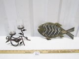Vtg Wrought Iron Bird Votive Holder And A Metal Art Fish