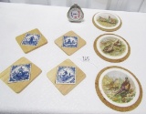 4 Delft Blue Coasters; 3 Game Bird Themed Trivets And A Refrigerator