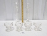 2 Tall Blown Glass Candleholders W/ Drip Stoppers And 4 Federal Glass