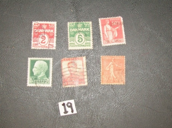 6 Vtg Stamps From 1920s-50s: 3 From Denmark 2, 5 And 50 Cents; 25 Cents