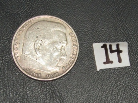 1938 - J, 5 Mark W W I I German Silver Coin Third Reich