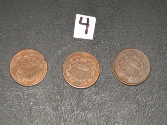 Two 1864 And One 1866 Two Cents Coins