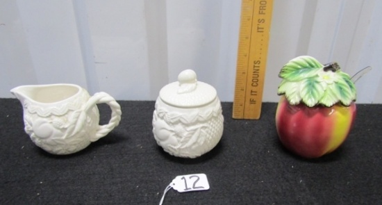 Pretty Porcelain Embossed Creamer And Sugar Bowl And A Fruit Preserves
