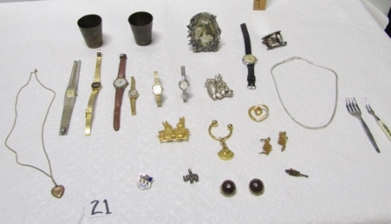 Miscellaneous Lot Of Jewelry, Ladies Watches, Vtg Brass Cups, Etc