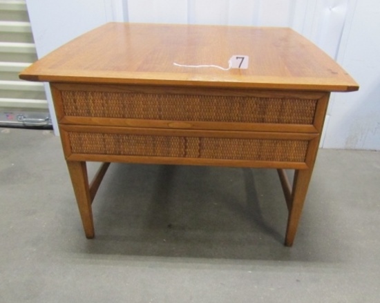 1961 Lane Solid Walnut End Table W/ Rattan Front On Drawer  LOCAL PICK UP ONLY