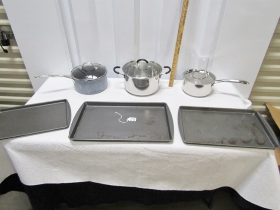 3 Stainless Steel Pots W/ Lids And 3 Baking Pans