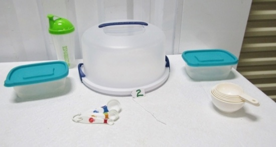 Lot Of Plastic Kitchen Items: Cake Keeper; Food Storage, Measuring Utensils