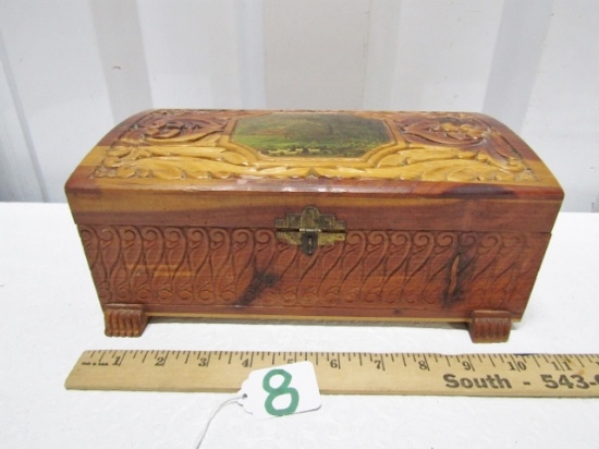 Vtg Carved Wooden Box W/ Inside Mirror