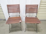 Matching Pair Of Heavy Wrought Iron Framed W/ Wood Slats Bistro / Caf‚ Chairs